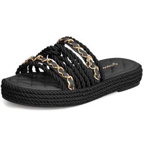 Capodarte Women's 7 Raffia Platform Rope Straps Chains Slip-on Sandals Rocker